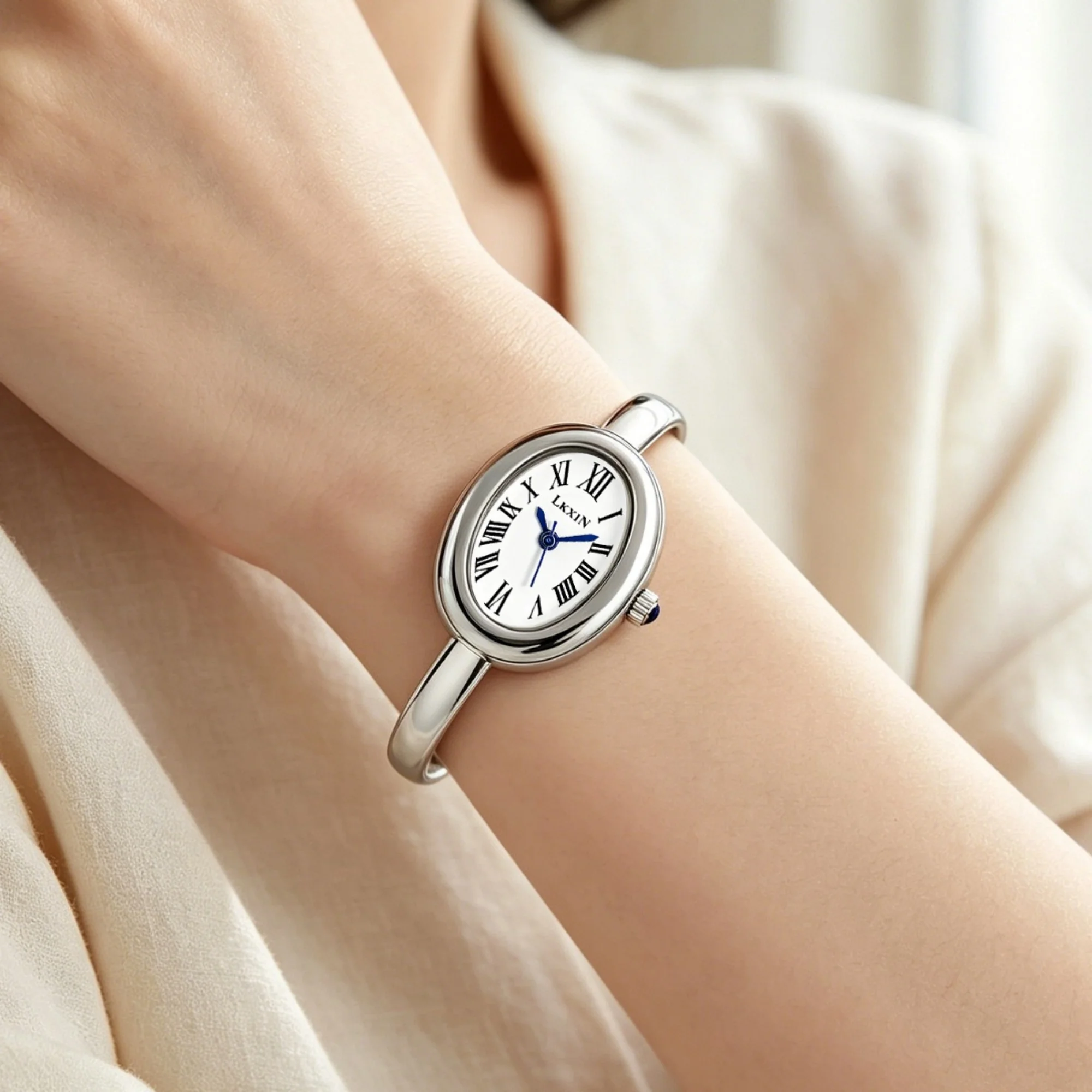 LKXIN Women Oval Watch Alloy Roman Numeral Dial Blue Crown Minimal Elegant Wristwatch Luxury  Gift - view 2