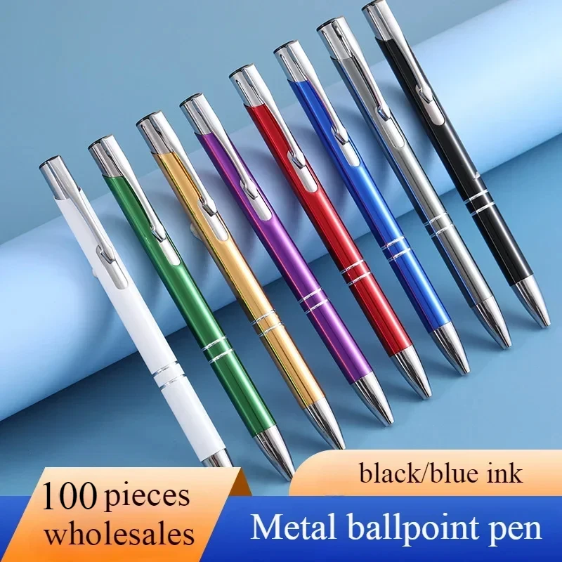 100PCS Metal Ballpoint Pens Blue / Black Ink Pressing Pen for Advertising Gift Blank Ball Pen