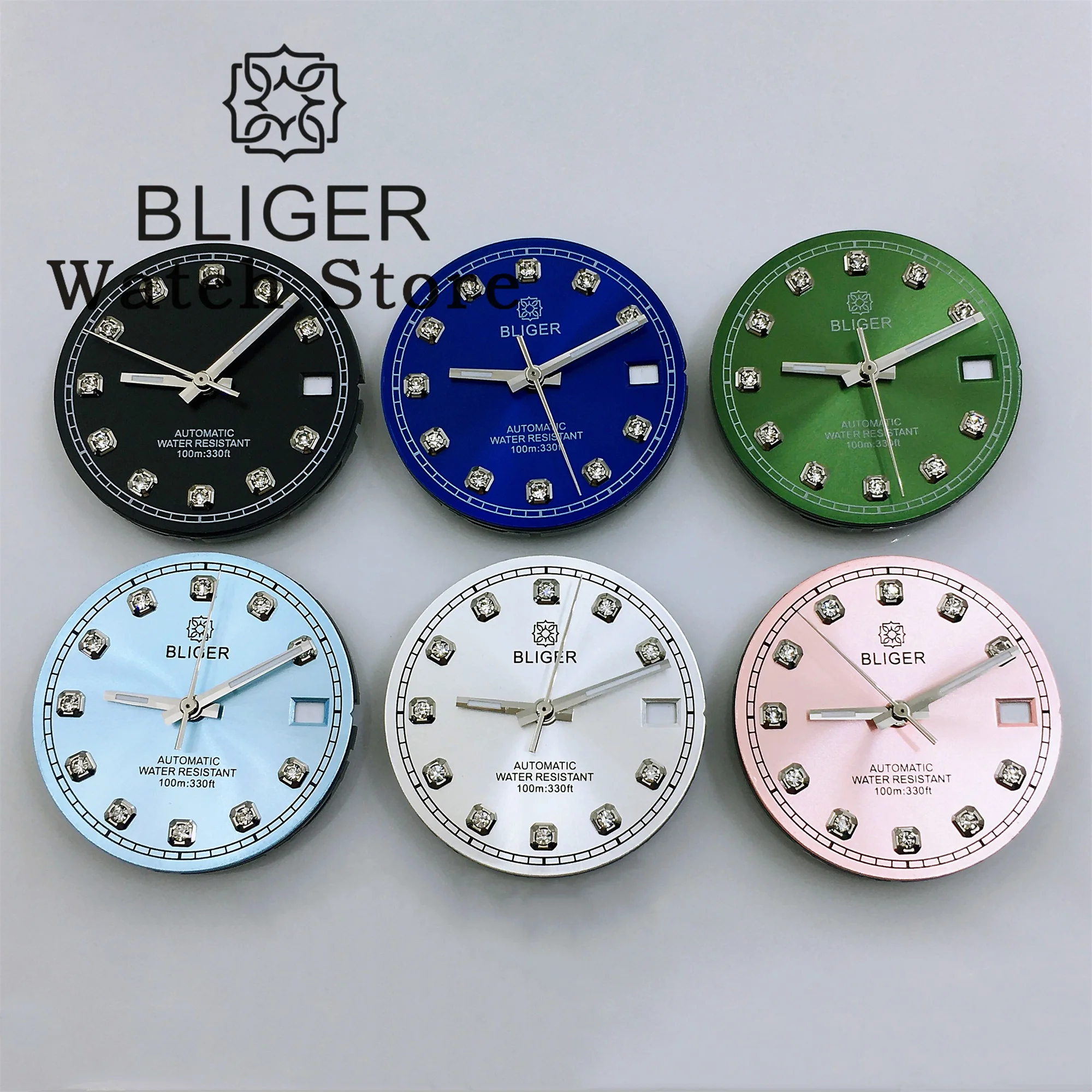 BLIGER/NO Logo 29mm Sunburst Watch Dial With Hands Green Pink Sky blue gold Dial With Diamond Index Date Fit NH35 NH36 Movement