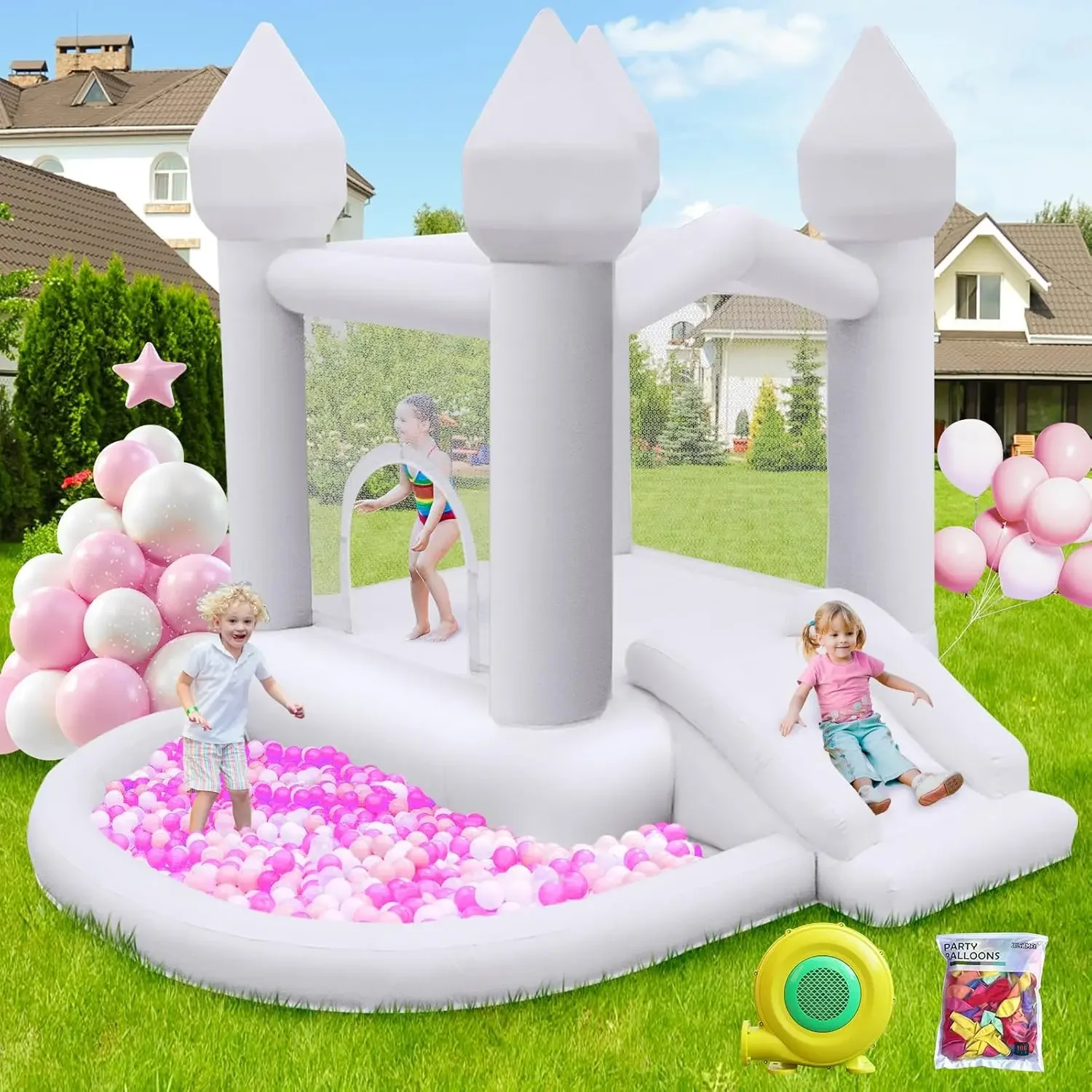 White Bounce House, Inflatable Bouncer with Air Blower,Indoor & Outdoor Bouncy Castle with Big Ball Pit for Wedding Part