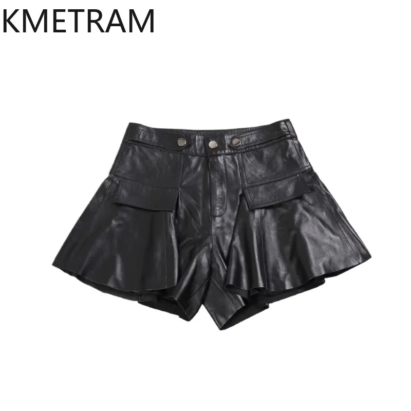 KMETRAM 100% Top Layer Sheepskin Shorts for Woman Black Genuine Leather Shorts Skirts 2025 Autumn Winter Women' S Clothes шорты