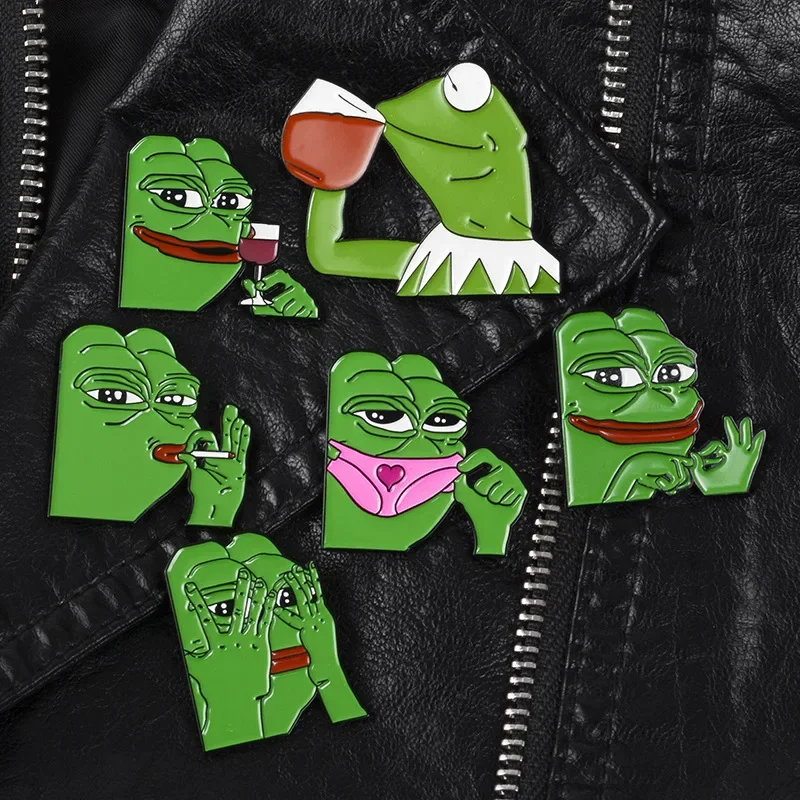 Cartoon Pepe The Frog Meme Enamel Pins Shooting Pyramid Thinking Drinking Animal Brooch Bag Badge Jewelry Gift for Kids Friends