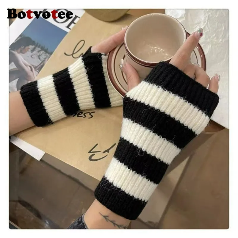 

Botvotee Stripe Arm Warmers Sleeves for Women Y2k Accessories Cold Resistance Warm Winter Knit Fingerless Gloves Free Shipping