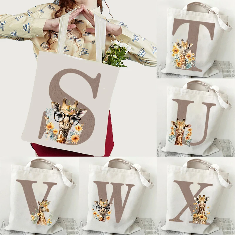 

Large Capacity Canvas Giraffe Letters Tote Bag Women Handbag for Commuter Work Teen Cartoon Alphabet Women Shoulder Shopping Bag