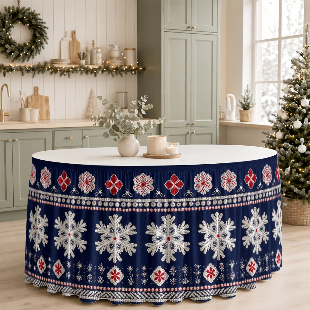 1-Piece snowflake print table skirt, Nordic winter festival atmosphere, traditional Christmas party