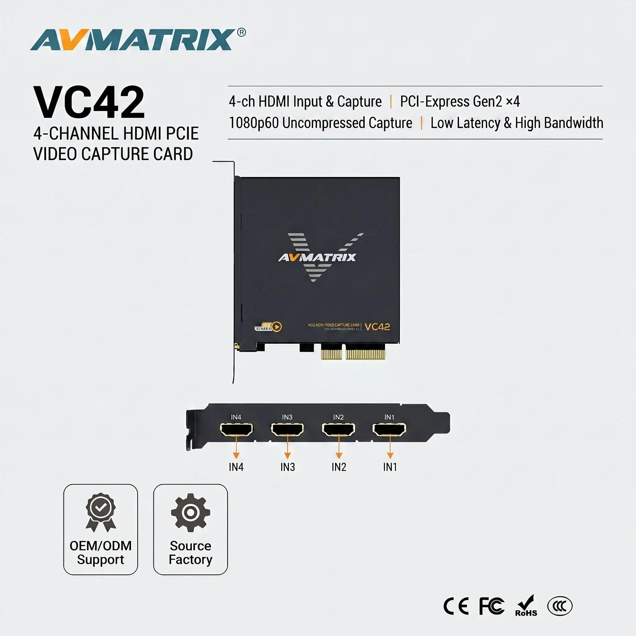 Good AVMATRIX VC42 4-Channel HDMI PCIE Video Capture Card 1080p60 Uncompressed YUY2 2.5GB/s for Live Streaming OBS VMix