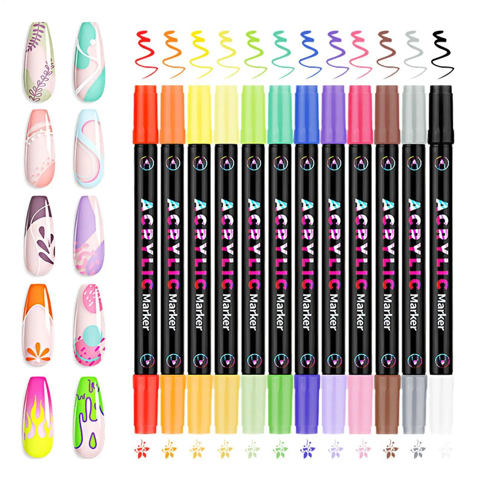 24-Color Double-Ended Nail Arts Brush Set Quick-Drying Waterproof Acrylic Markers Nail Polishs Pens Dotting Line Drawing Brush