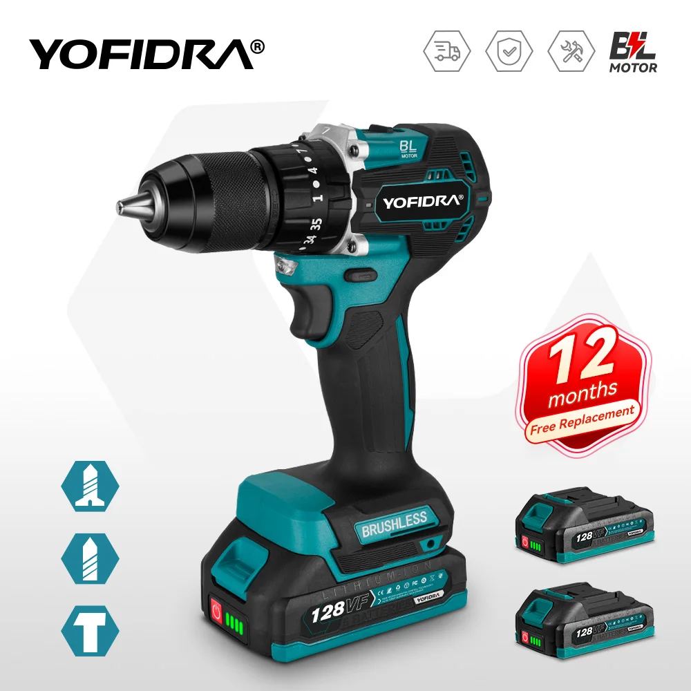 Yofidra 13mm Brushless Electric Impact Drill 2 Gears 35+3 Torque Cordless Efficient Electric Screwdriver For Makita 18V Battery