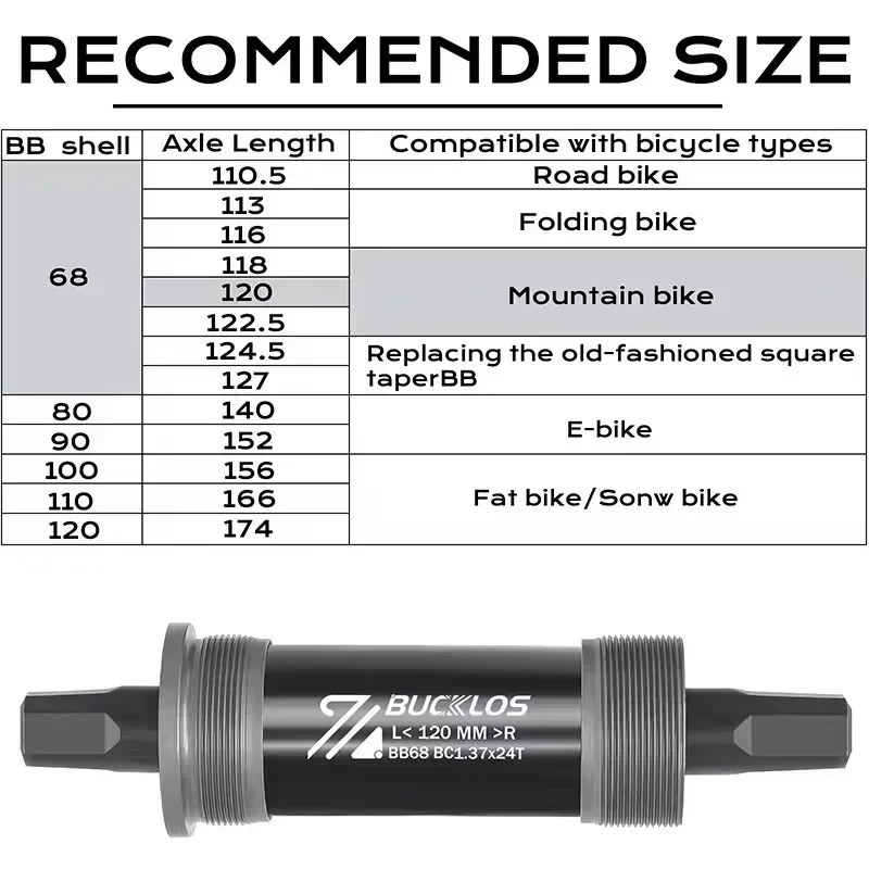 BUCKLOS Bicycle Bottom Bracket BB68 110.5/113/116/118/120/122.5/127/140/152/156/166/174mm MTB Square Hole Bike Bottom Bracket