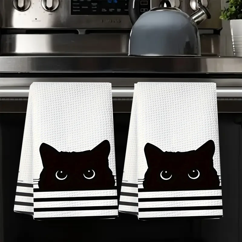 2Pcs, Black Cat Hide and Seek Kitchen Towels, 40Cm*60Cm Towel Set, Best Kitchen Towels, Fun Kitchen Towels, Super Absorbent Soft Cleaning Cloth, Cooking and Baking Tea Towels, Hand Towels, Cleaning Cloths, Dishcloths, Kitchen Decor, Living Room Decorations, Kitchen Essentials, Home Essentials