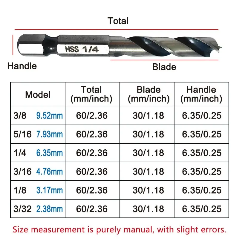 High Speed Steel 6pc Hexagonal Shank Three Pointed Woodwork Drill Integrated British System Two Edge Two Groove Drill Tool Set