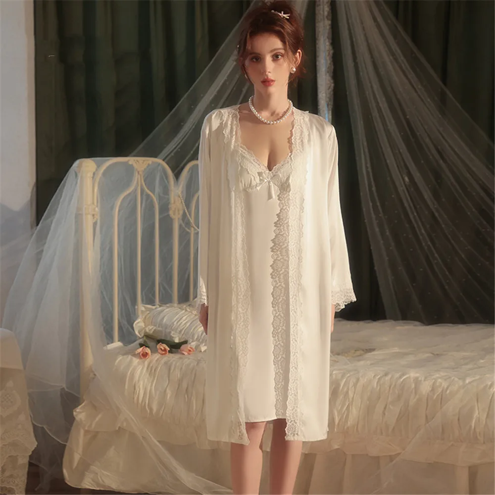 

Summer Sexy White Twinset Robe Set Female Kimono Bathrobe Gown Lace Sleepwear Nightgown Loose Rayon Home Dress Lounge Wear