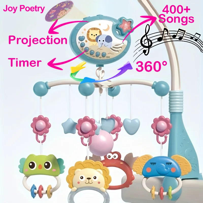 360 °   Culla musicale per bambini, mobile rotante, luce notturna, proiezione, letto, campana, giocattolo, quattro velocità, timing, appeso, neonato, comodino, Gif