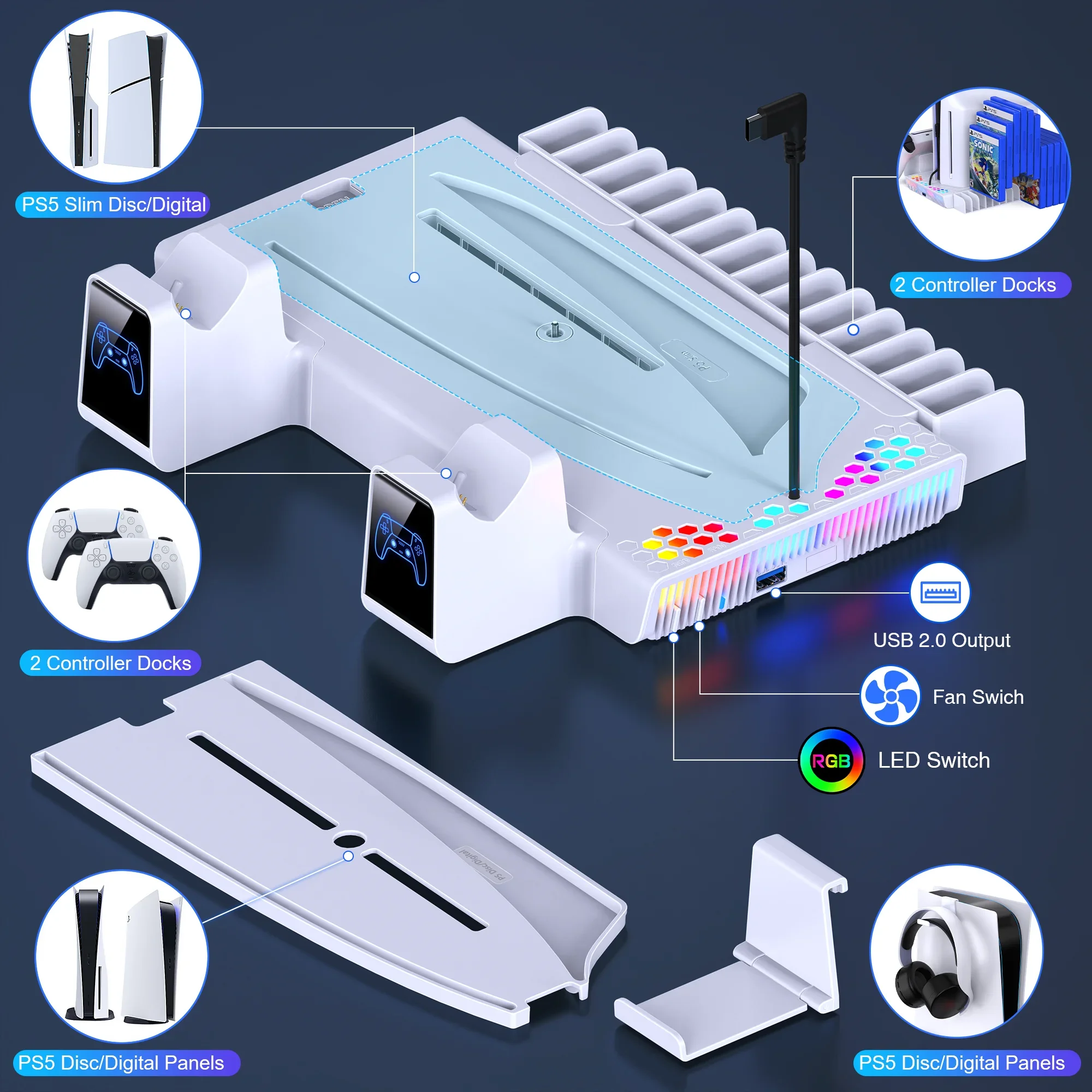 محطة تبريد عمودية RGB ، شاحن تحكم للبلاي ستيشن 5 ، نحيف ، رقمي ، قرص #5