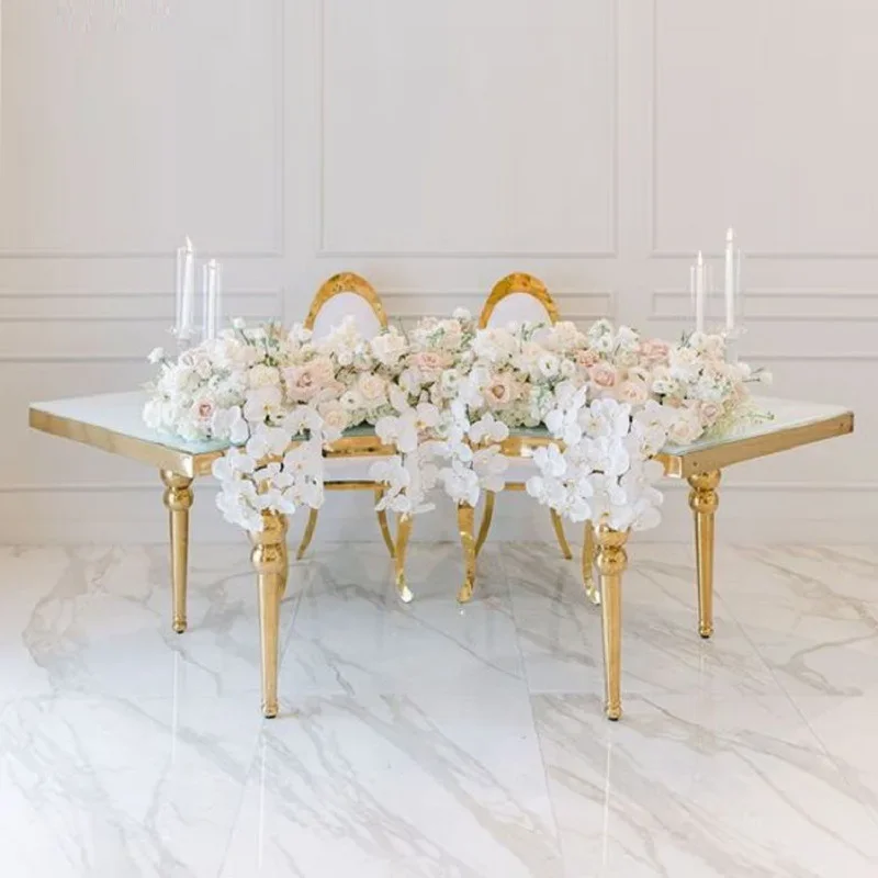 Gold stainless steel MDF round S shape dining wedding table party chairs and moon serpentine tables