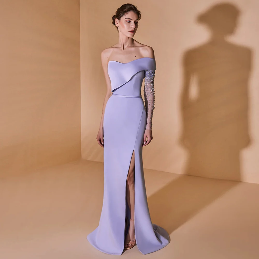 Lilac Prom Dress One Shoulder Long Sleeve Beading Stone Slit Sweep Train Robe De Soiree Mermaid Evening Dresses Dubai Party Gown