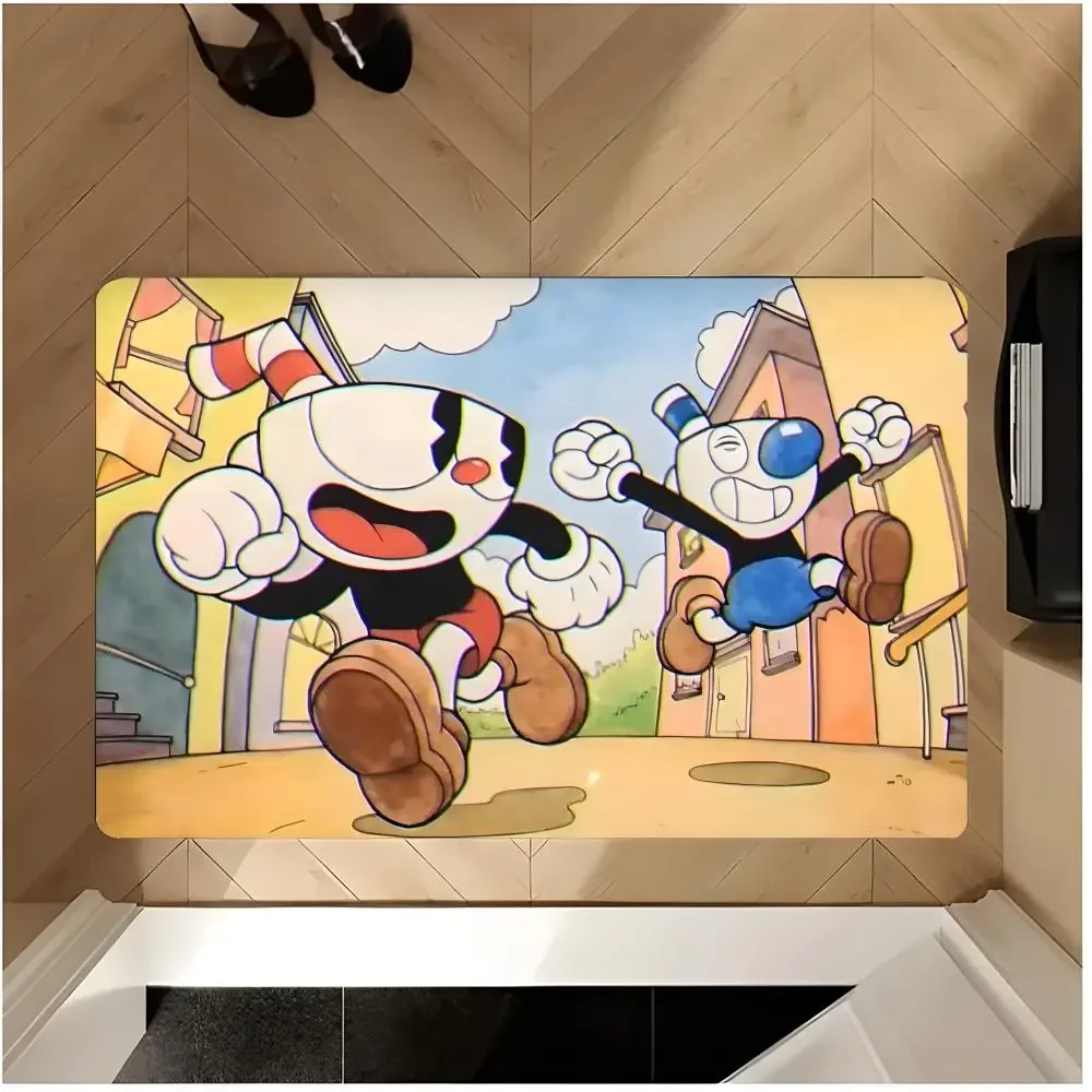 retro indie game cartoon style C-Cuphead Floor Mat Washable Absorbent Flannel Door Mat Non-Slip Indoor Floor Rug