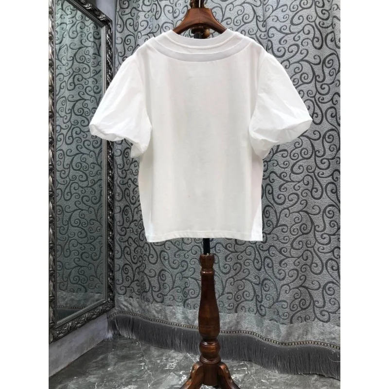 Neplo Korea Femme Casual Tops 2024 Summer Streetwear Tees O-Neck Double-Neck Pleated Love Splice Bubble Short Sleeve T-Shirts