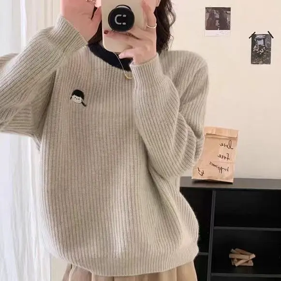 

Round Neck Pullover Is Versatile In Autumn And Winter Sweater Lovely Age Reduction Preppy Style Embroidery Korean Fashion