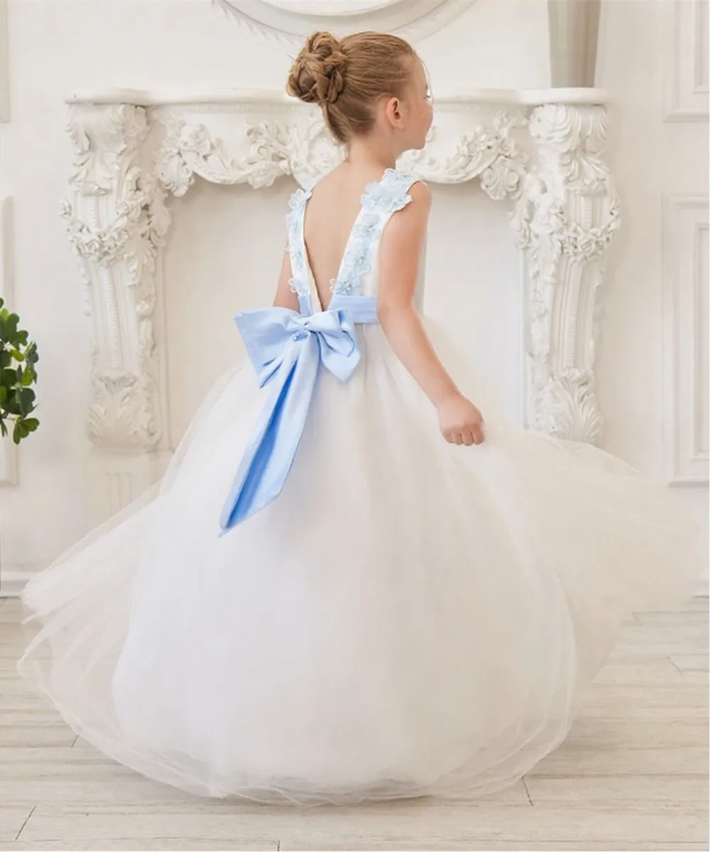 

Customized Elegant Flower Girl Wedding Dress Appliques Floral Bow Sleeveless Backless Tiered Princess Birthday Party Prom Dress
