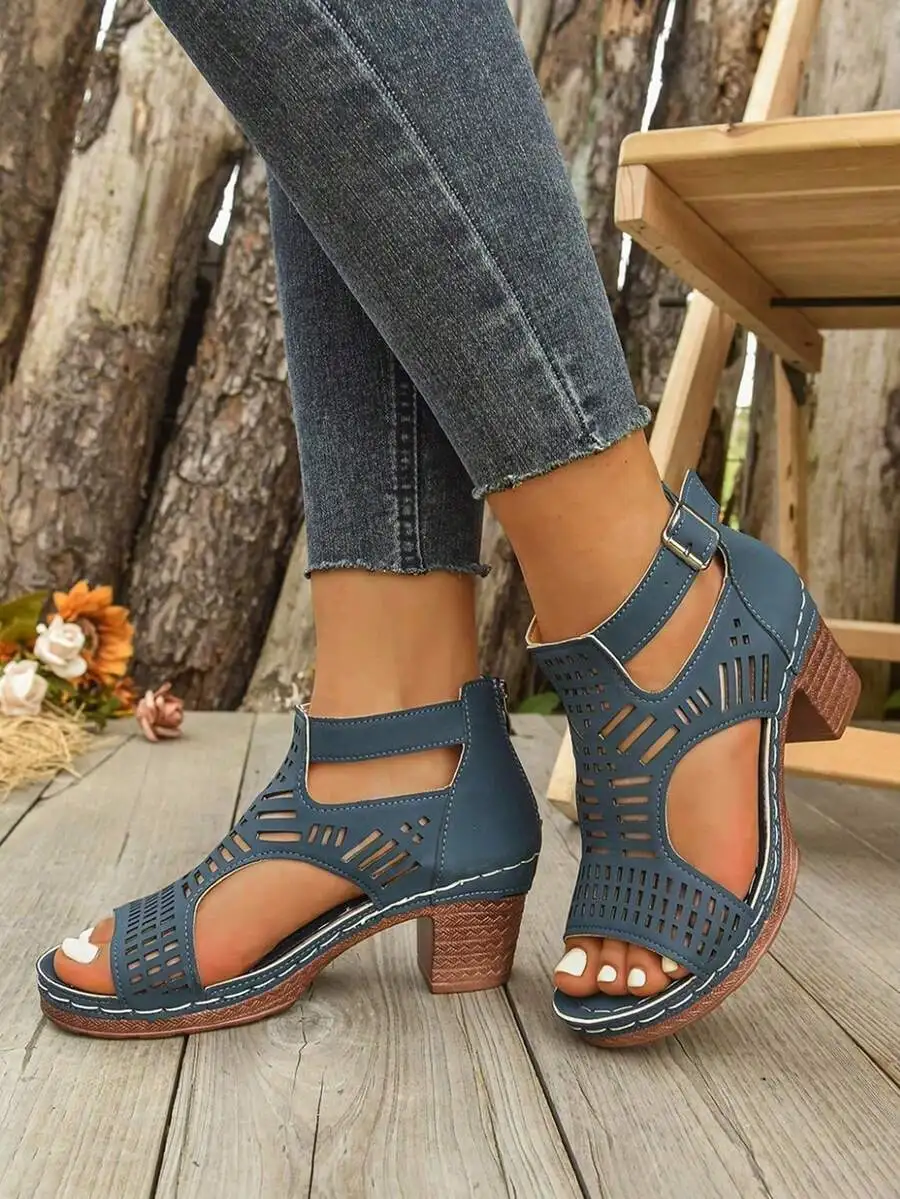 

Womens Blue Cut-Out Block Heel Sandals With Ankle Strap Buckle
