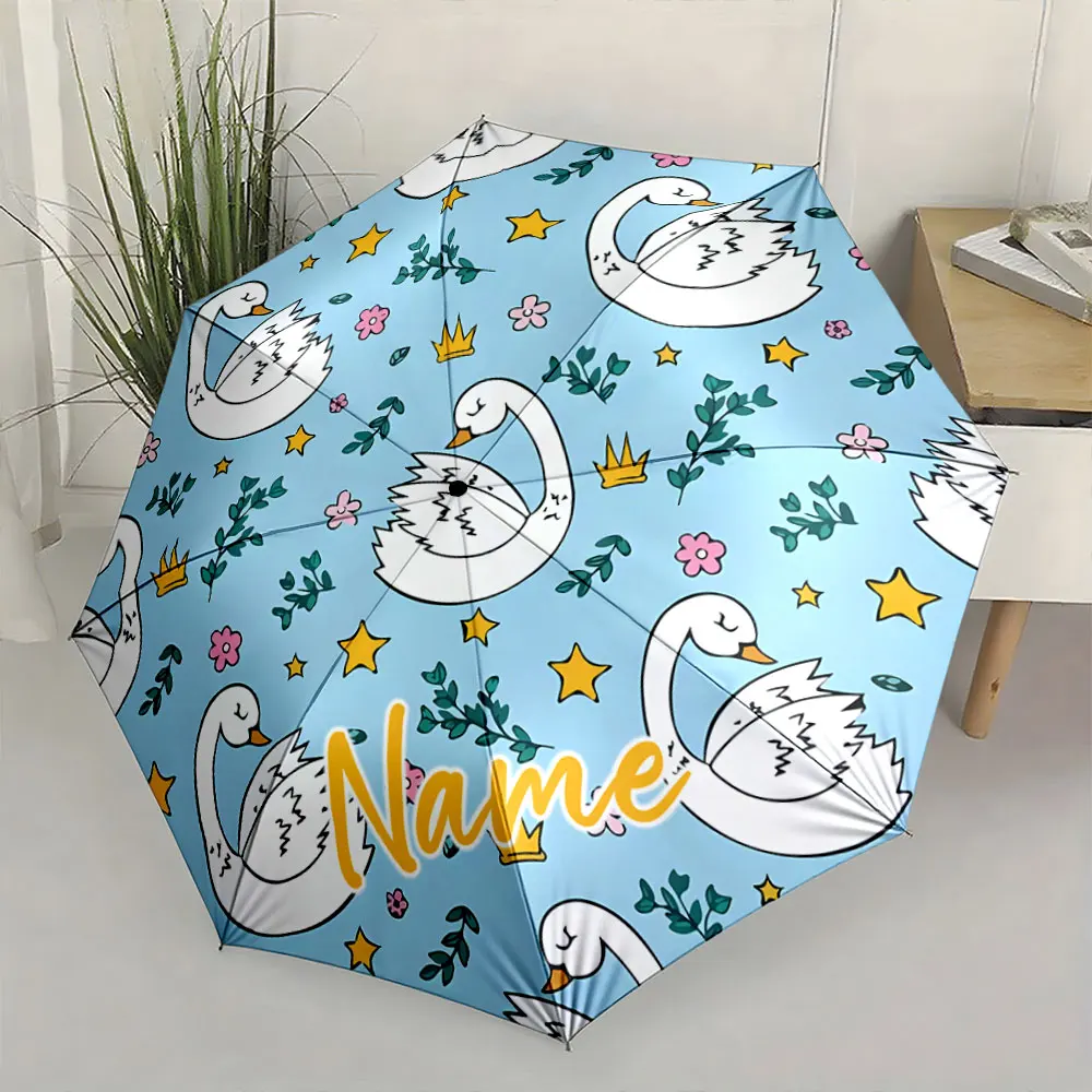Custom Name Elegant Swan Pattern Umbrella Modern Aesthetic Print 8 Iron Ribs Folding Umbrella, Auto-Open Fashion Sunshade