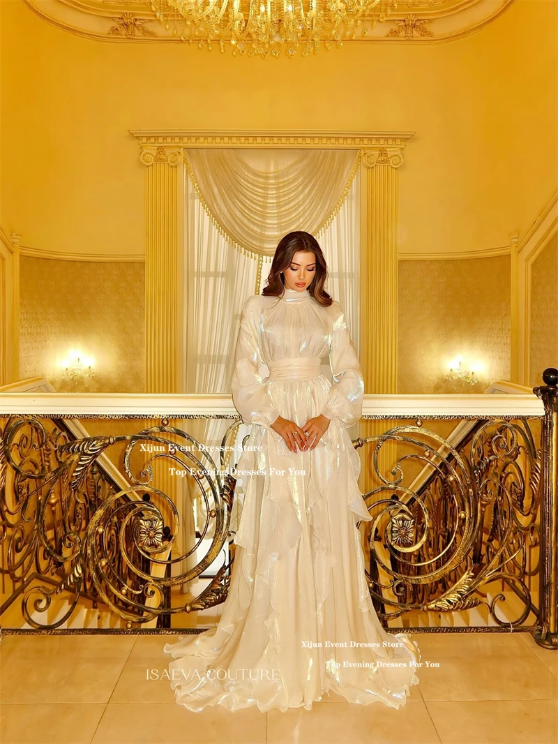 Xijun Luxury Glitter Silk Satin Evening Dresses Long Sleeves A-Line Formal  Prom Dresses Tiered High Collar Prom Gowns Customized - AliExpress 320