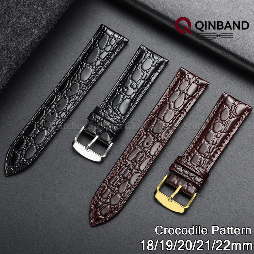 Crocodile Pattern Watch Strap Leather Watchbands 18/19/20/21/22mm Gold Buckle Bracelet Men Women Wrist Band for Seiko for Omega