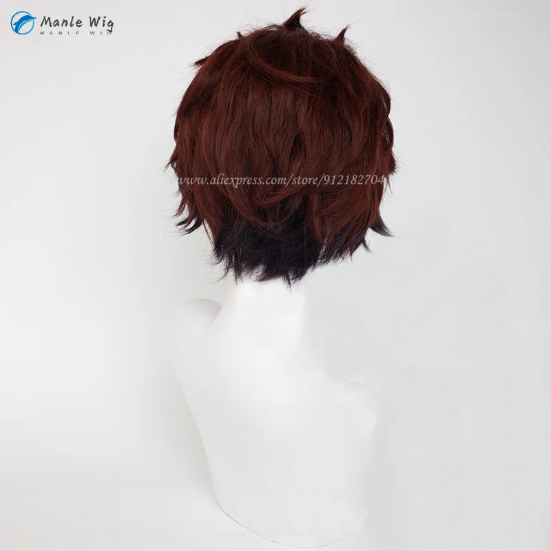 Perruque de Cosplay Synthétique de Haute Qualité, Cheveux Courts Rouges et Bruns, avec Bonnet