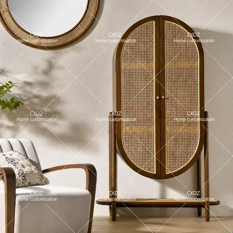 Rattan Side Cabinet Japanese Nordic Style Tea Wine Cabinet Modern Simple Solid Wood Storage Cupboard Living Room Locker