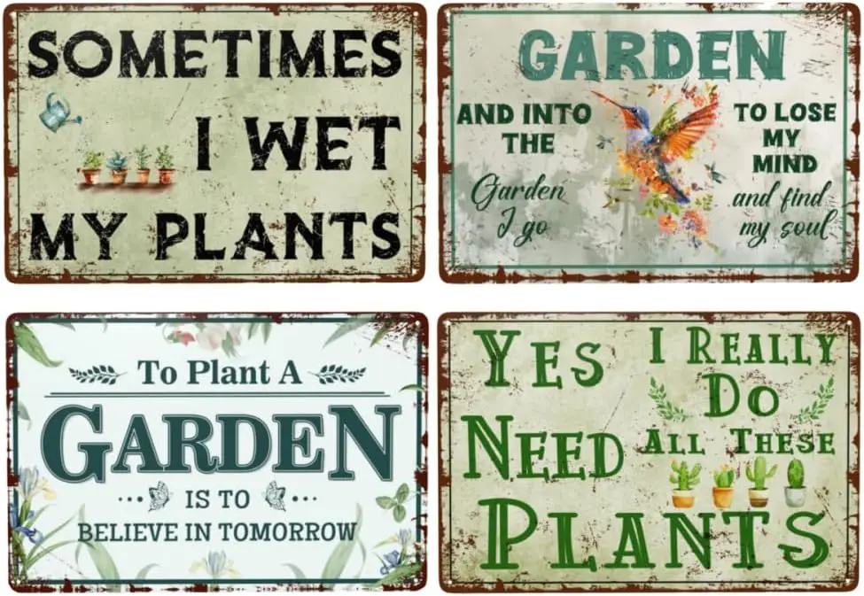 Garden Signs, Bundle 4 Pieces Retro Garden Signs Decorative Metal Tin Signs Sometimes I Wet My Plants Gardening Signs 12x8 Inch