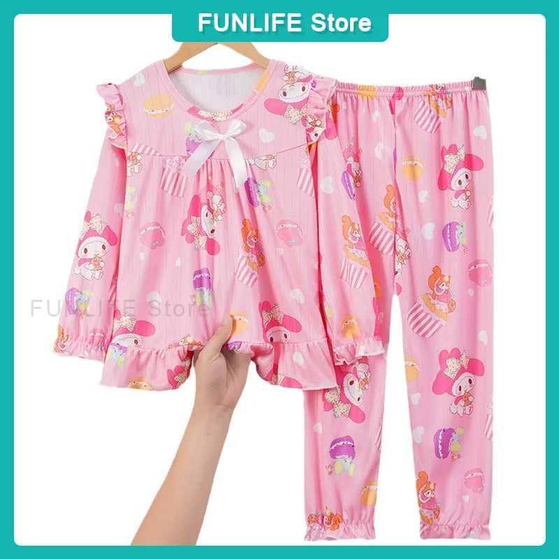 Sanrio Cartoon Girls Sleepwear Kuromi Melody Cinnamoroll Long Sleeved Pajama 2pcs Set Children Spring Autumn Homewear Clothes