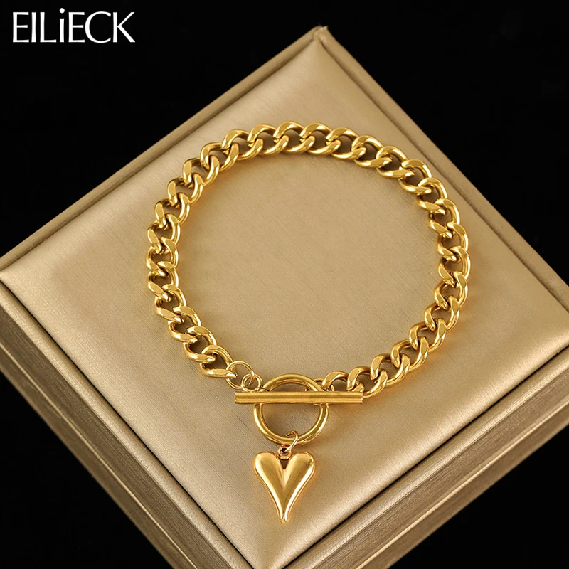 EILIECK 316L Stainless Steel Heart Love Charm Bracelet For Women Trendy 18K Gold Plated Waterproof Wrist Chain Jewelry Gift