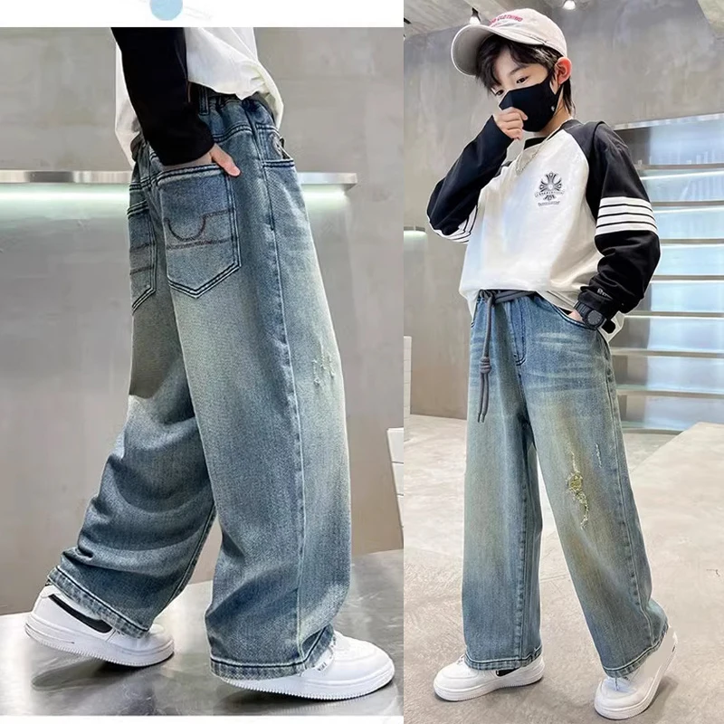 2026 New Spring Autumn Boys Jeans Fashion Hole Breaking Style Loose Style Long Denim Pants For Kids Children Trousers