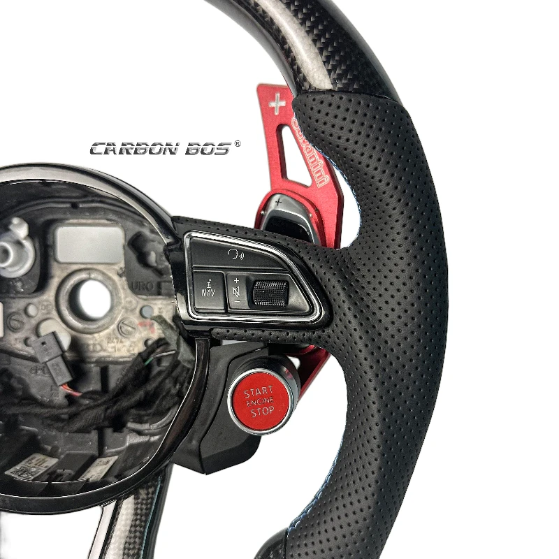 Black Carbon Fiber Mode Button Light Blue Stitching and Center Line Sport Custom Steering Wheel Suitable for Audi A3 A4 A5 A6 A2