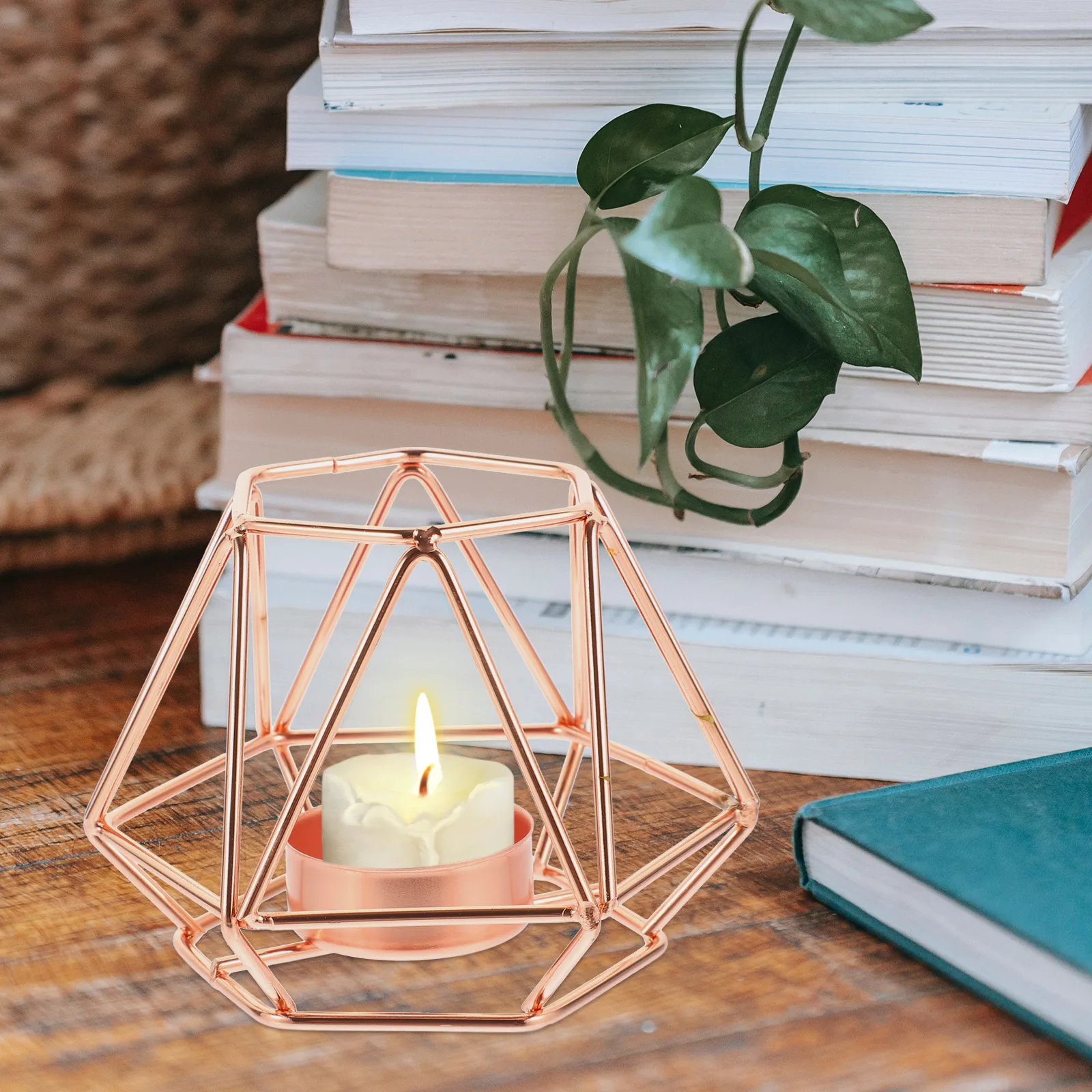 

Gold Plated Metal Holder Hollow Geometric Design Vintage Style Decorative Stand Large Square Simple Tealights Candlestick