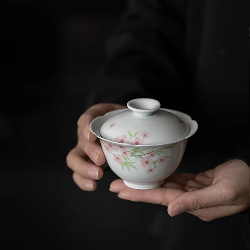 Underglaze hand-painted cherry blossom cover bowl Japanese-style tea bowl household anti-scalding hand Ercai cover bowl