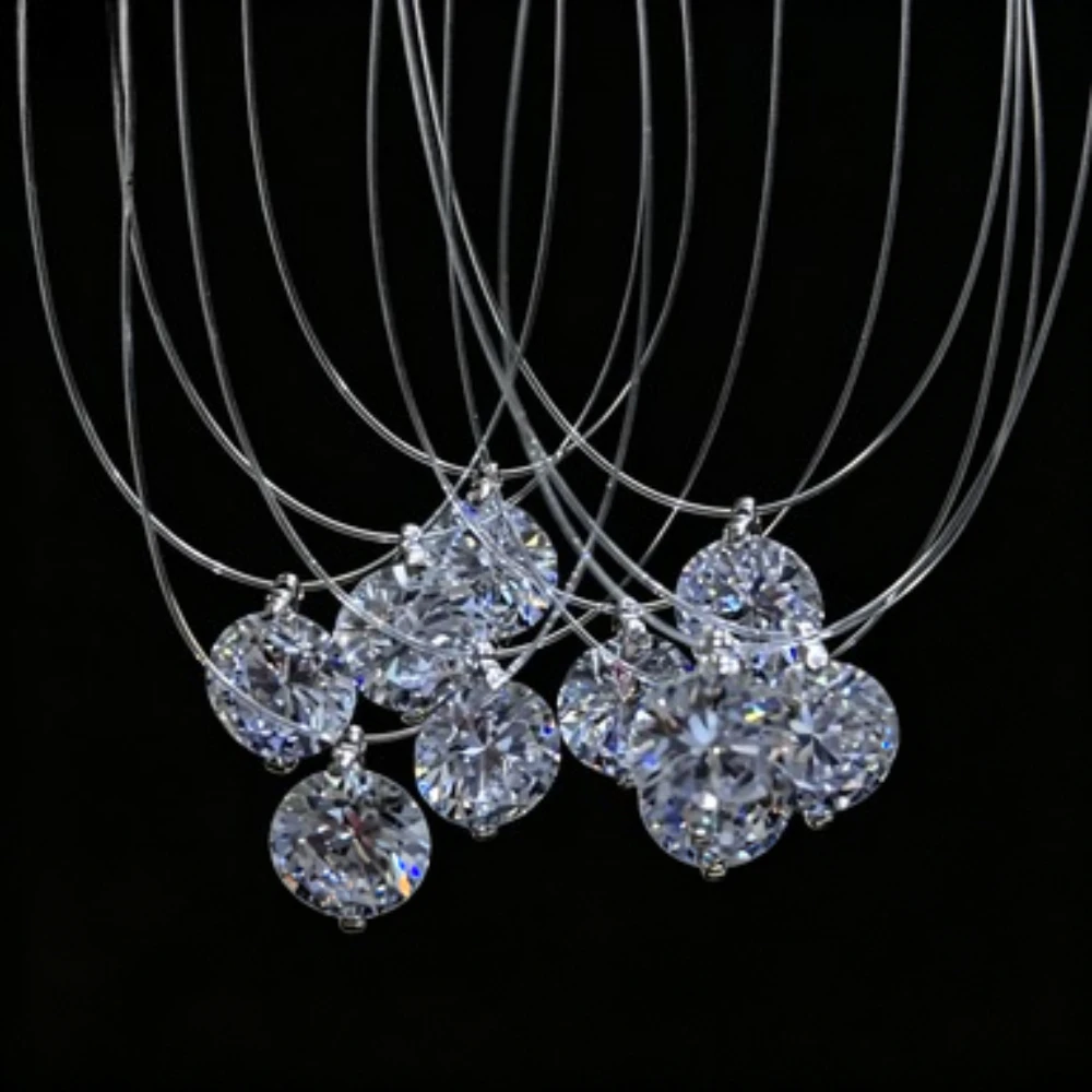 Round Single Rhinestones Pendant Necklaces for Women Trendy Transparent Fishing Line Short Chokers Party Neck Jewelry