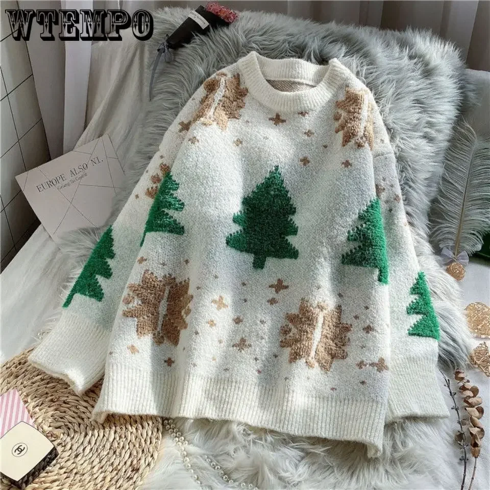 WTEMPO Autumn Winter Christmas Knitted Spliced Vintage Sweaters Korean Loose Round Neck Fashion Long Sleeve Pullover Jumpers