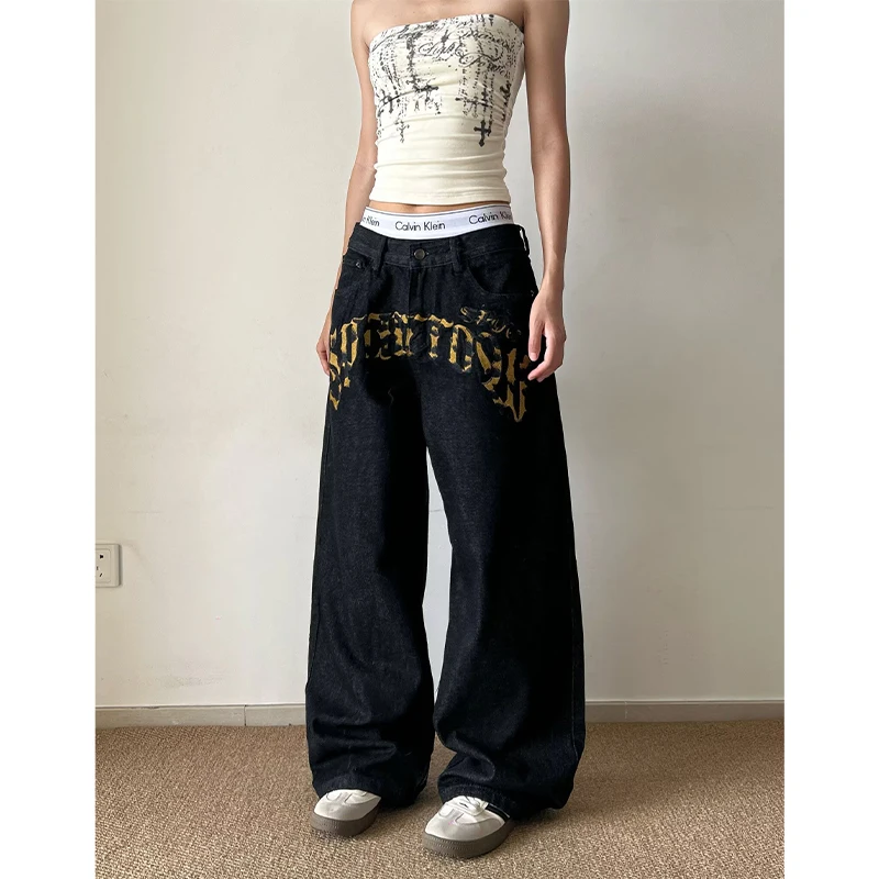Y2K Women's High Waist Wide Leg Jeans Dark Blue Leopard Print Letter Patchwork Loose Fit Denim Pants Vintage Streetwear Trousers