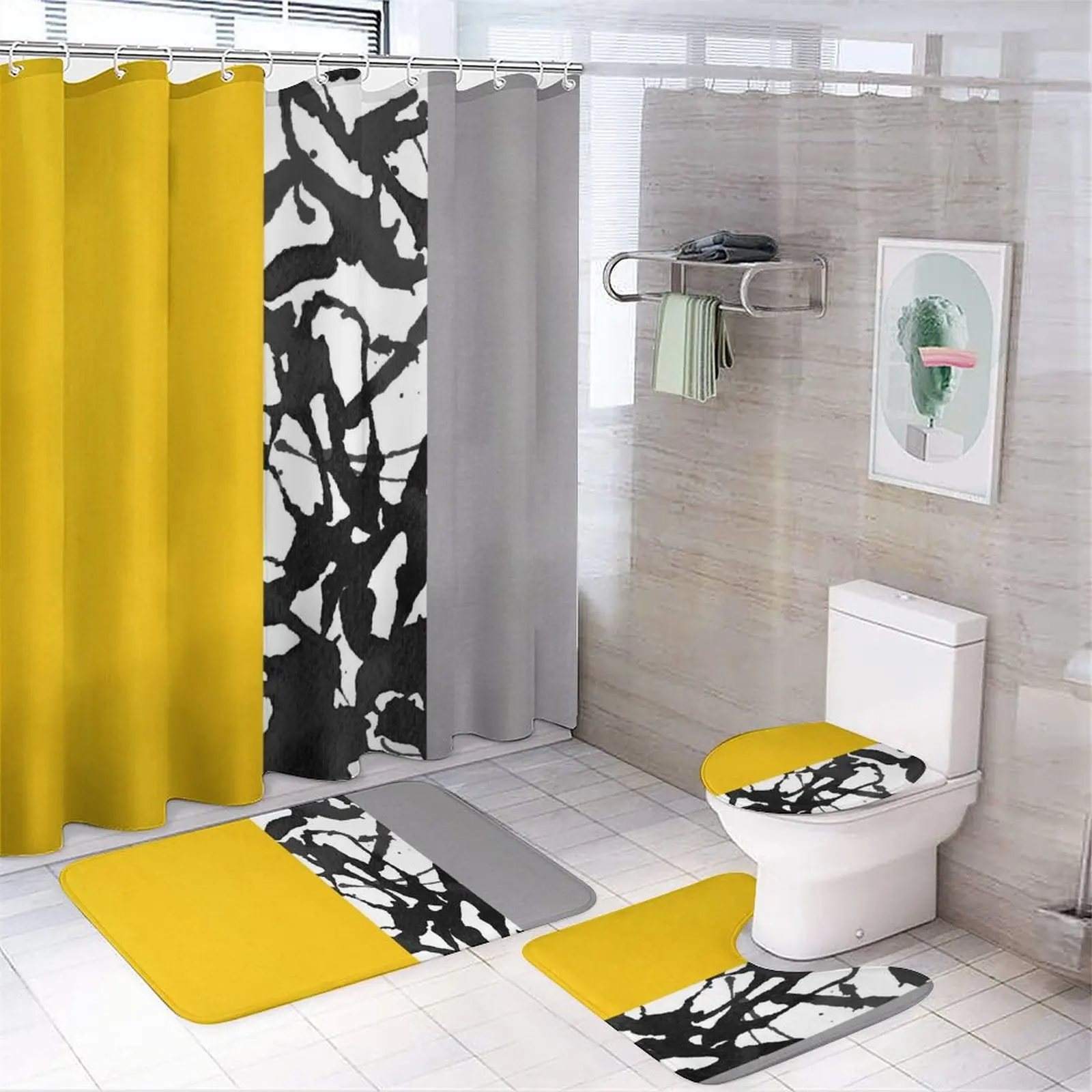 Yellow geometric printed shower curtain Modern non-slip carpet shower curtain Waterproof polyester home decor 180x180