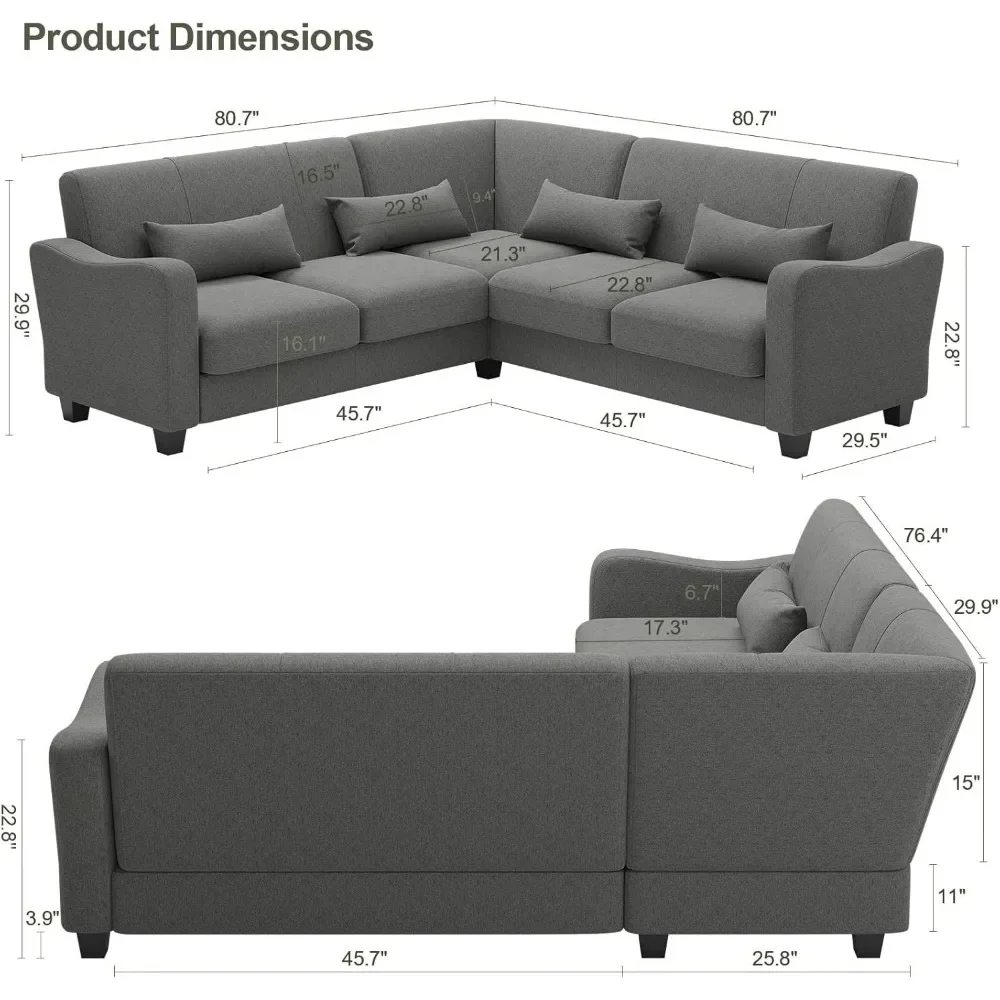 Fabric L Shaped Sofa Small Sectional Couch with Chaise Solid Corner Sofa Small L Couches 5 Seater Sofa Light Grey