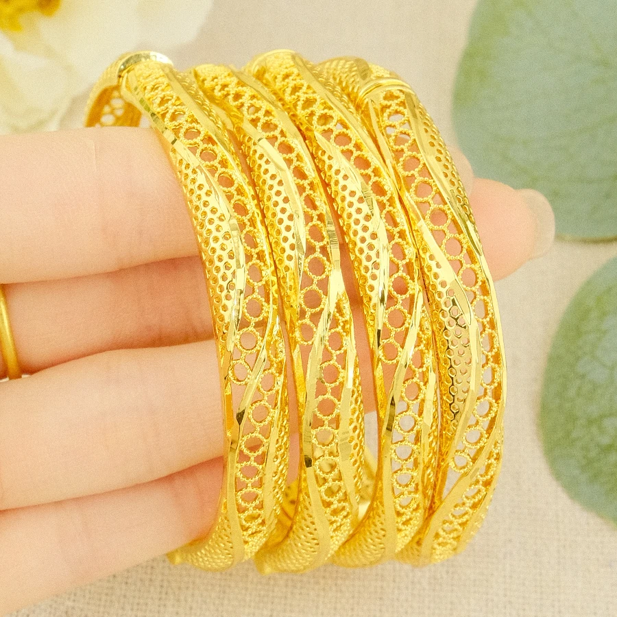 Dubai Twisted Hollow Fashion 24K Gold Plated Indian and African Copper Bracelet Charming Wedding Jewelry Luxury