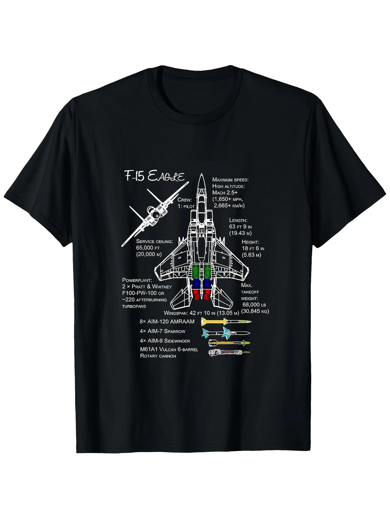 Men's F-15 Eagle Fighter Jet T-Shirt - Technical Specs & Aircraft Diagrams Graphic Tee, Aviation Enthusiast Gift
