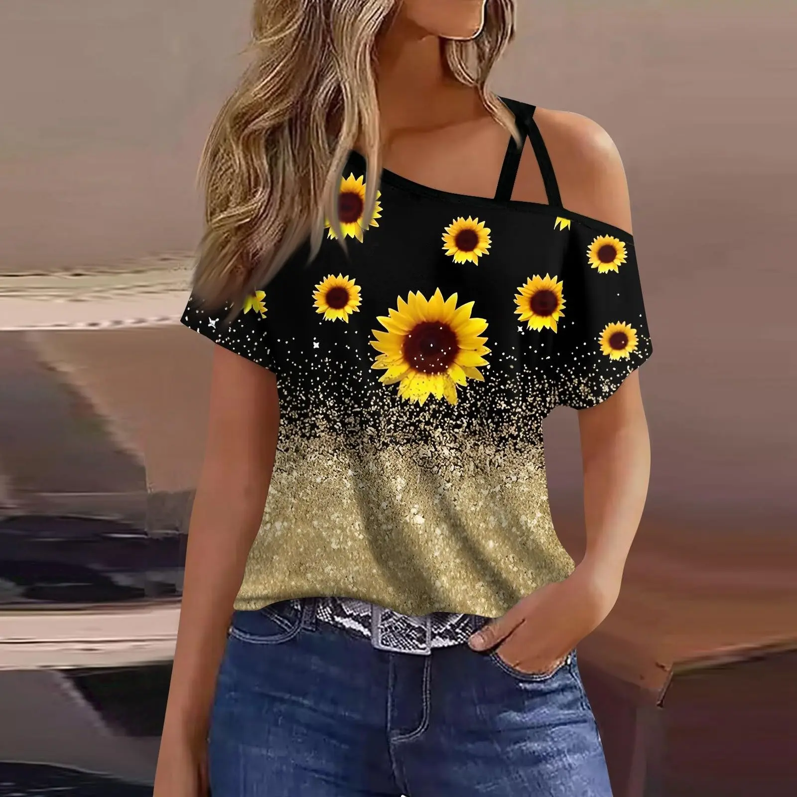 

2024 Women's Plant Pattern Summer Fashion Casual Trend Shoulder Strap Short Sleeve One Piece Hair CollectionWE004