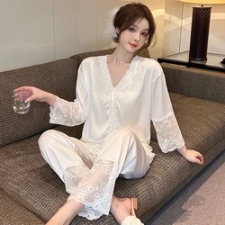 Spring and Summer New Women's Princess Ice and Snow Silk Pajamas Simple Solid Color Long-sleeved Trousers Pajamas Set Home Wear