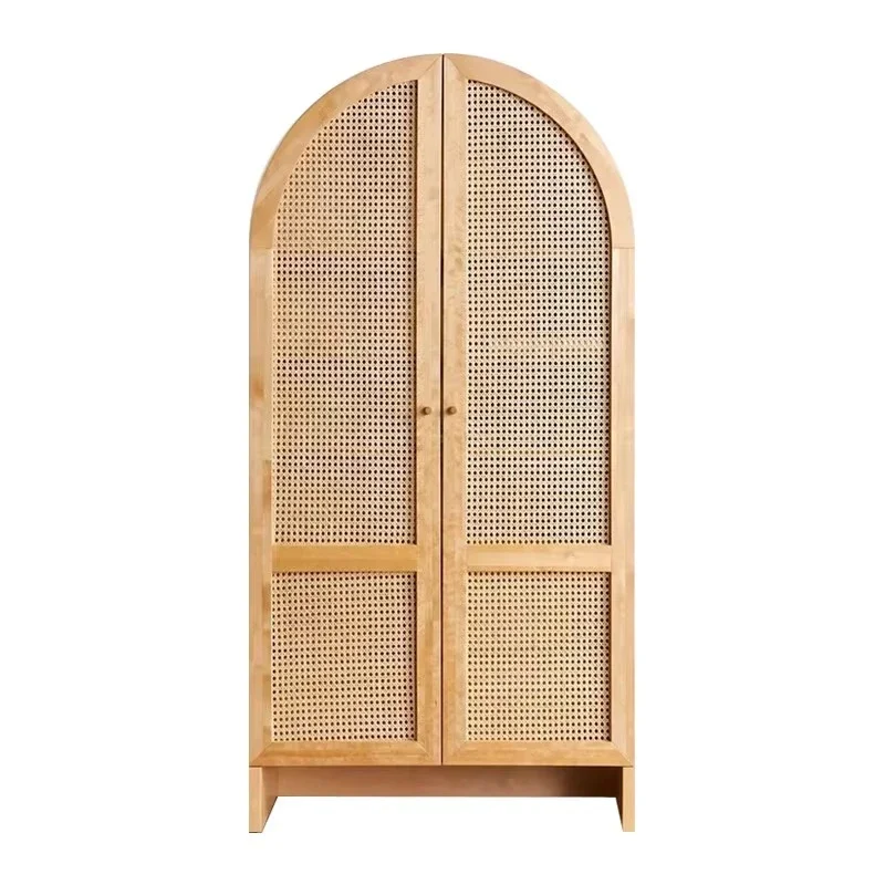 American solid wood arched bookcase, retro rattan decorative cabinet, living room locker