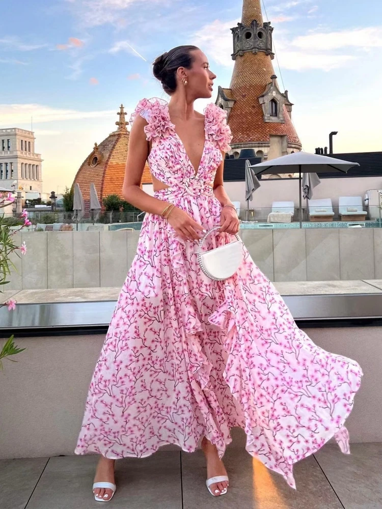 Summer Sleeveless Floral Dress for Women Deep V Neck Flower Print Backless Ruffles Long Dresses Beach Holiday Party Sundress