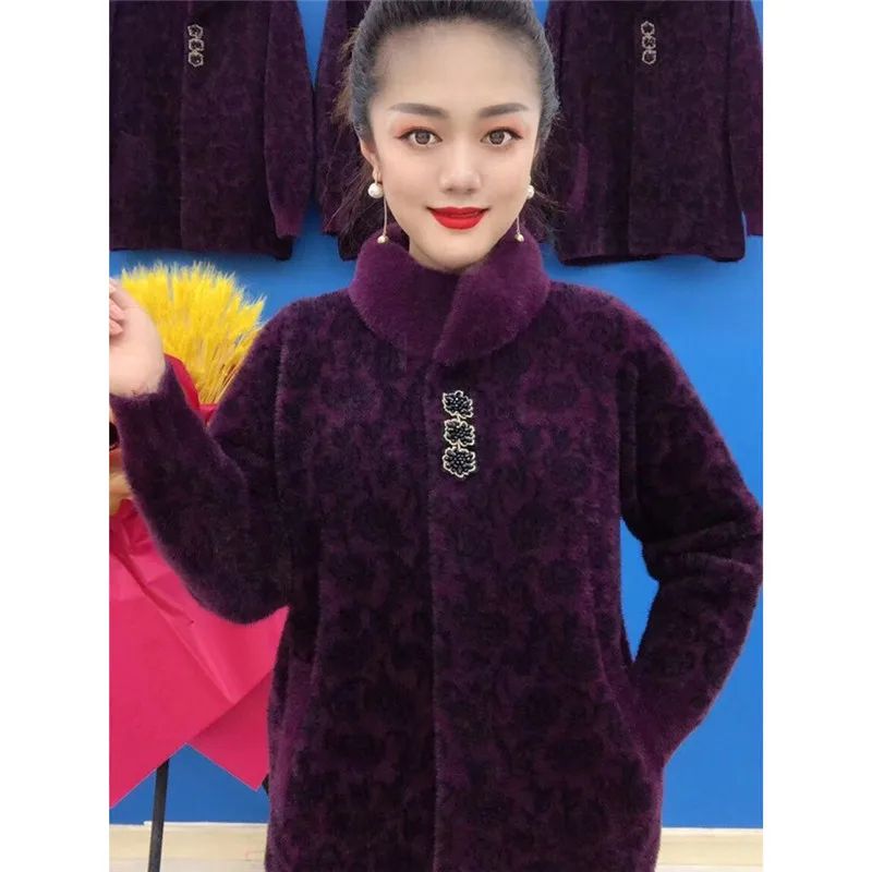 End High Mother Winter Coat Thicken Warm Imitation Mink Cashmere Coat Middle Aged Women Soft Knitted Cardigan Woolen Jacket 6XL