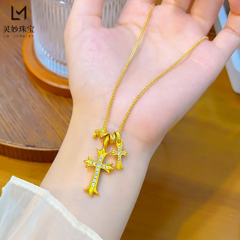 

9999 24K real gold luxury jewelry point diamond love cross pendant necklace exquisite gift for girlfriend